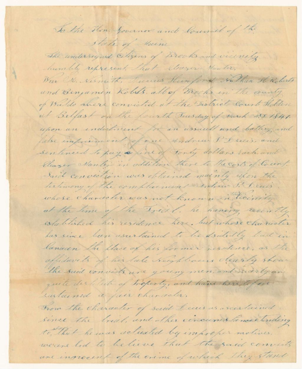 Miniature of Petition of citizens of Brooks for the pardons of Eleazer Manter, William M. Nesmith, Lucius Huxford, Nathaniel H. Roberts, and Benjamin Roberts