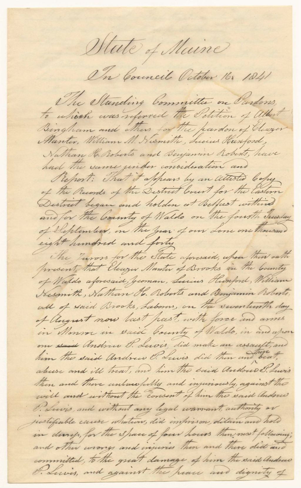 Miniature of Report 688: Report on Petition of A. Bingham and Others for the Pardon of Eleazer Manter and Others