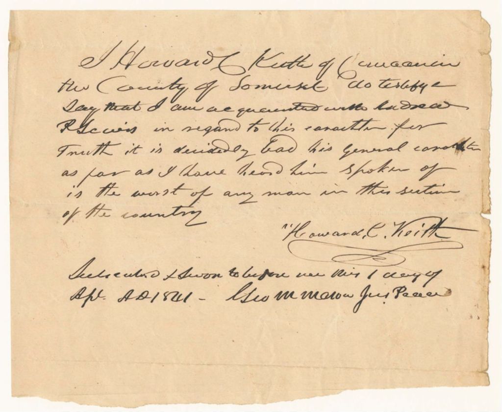 Miniature of Howard C. Keith's affidavit on the character of Andrew P. Lewis