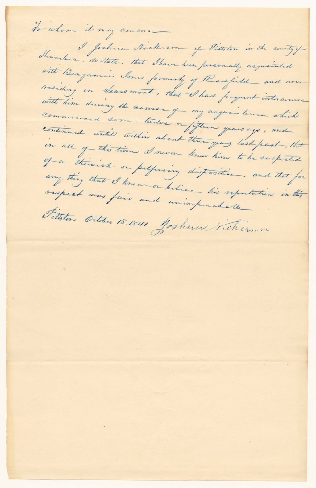 Miniature of Joshua Nickerson's Deposition for the pardon of Benjamin Jones