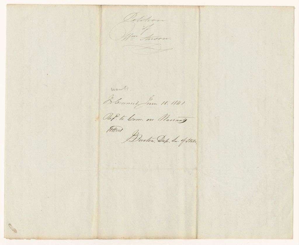 Miniature of Petition of William Anson for compensation for drafting plans and maps of the North Eastern Boundary