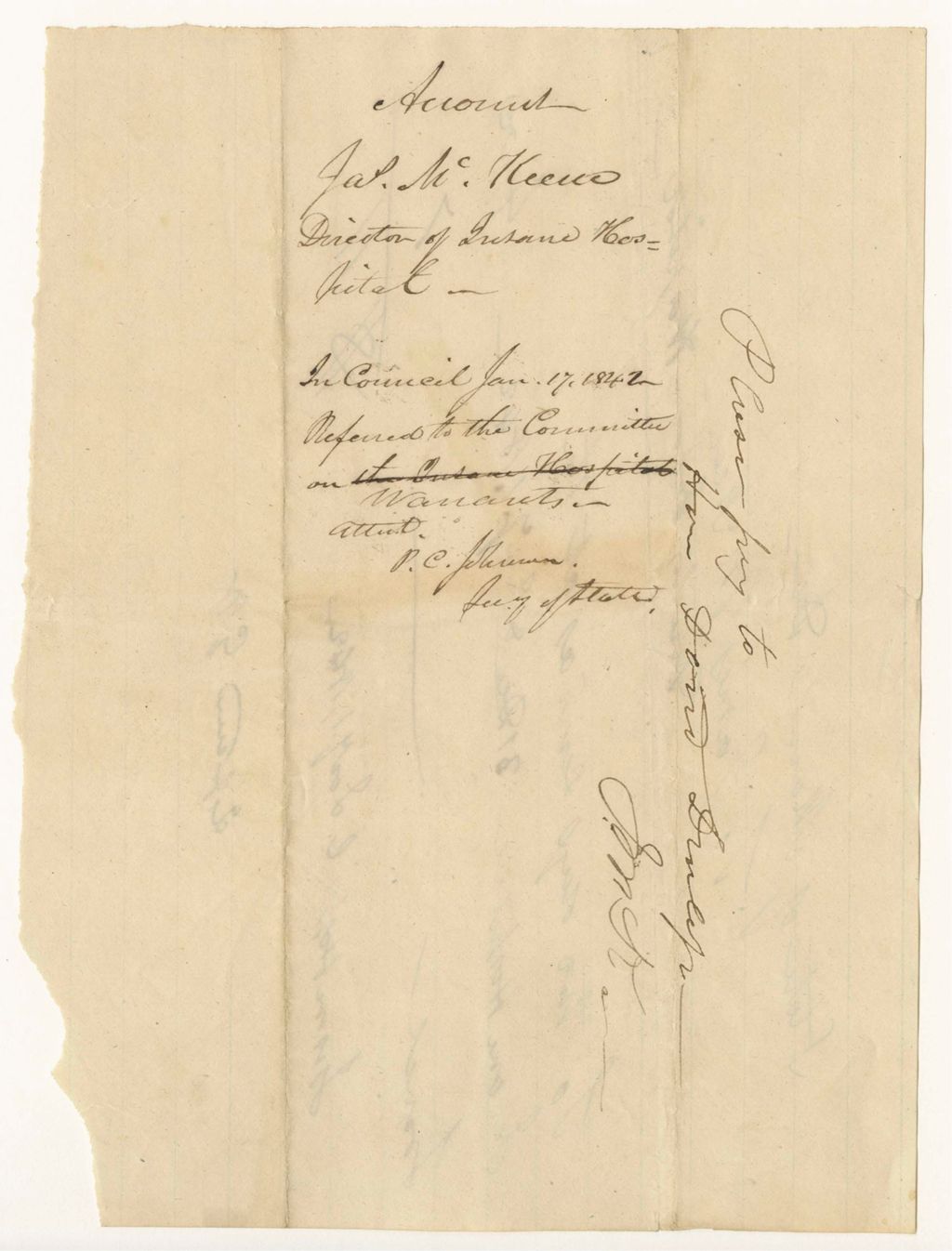 Miniature of Account of James McKeene, for services at the Insane Hospital