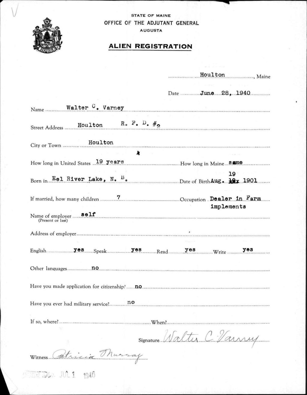 Miniature of Alien Registration- Varney, Walter C. (Houlton, Aroostook County)