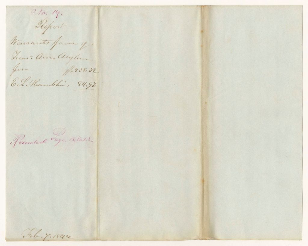 Miniature of Report 19: Report - Warrants in Favor of the Treasurer of the American Asylum, for E.L. Hamblin