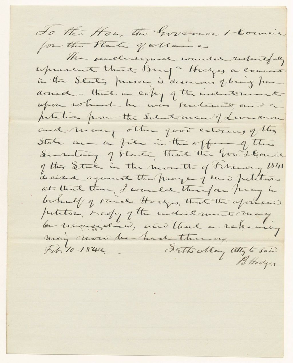 Miniature of Communication from Seth May in favor of the pardon of Benjamin Hodges