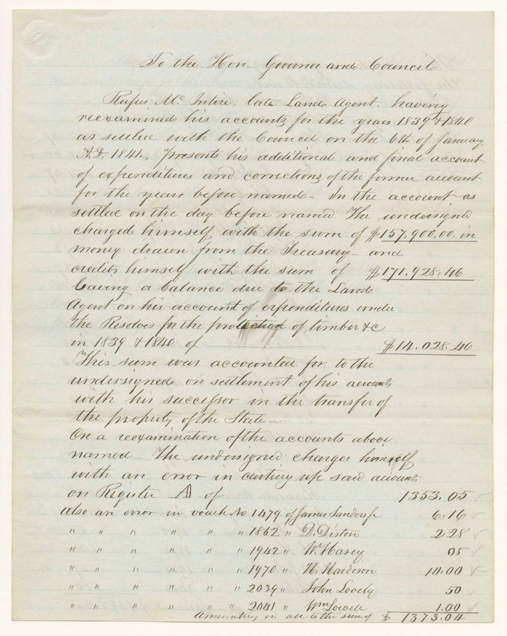 Miniature of Accounts of Rufus McIntire, Former Land Agent, for 1839 and 1840