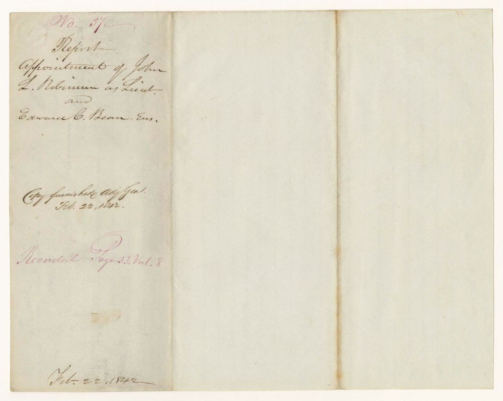 Miniature of Report 37: Report - Appointment of John L. Robinson as Lieutenant and Edwin R. Bean, Ensign