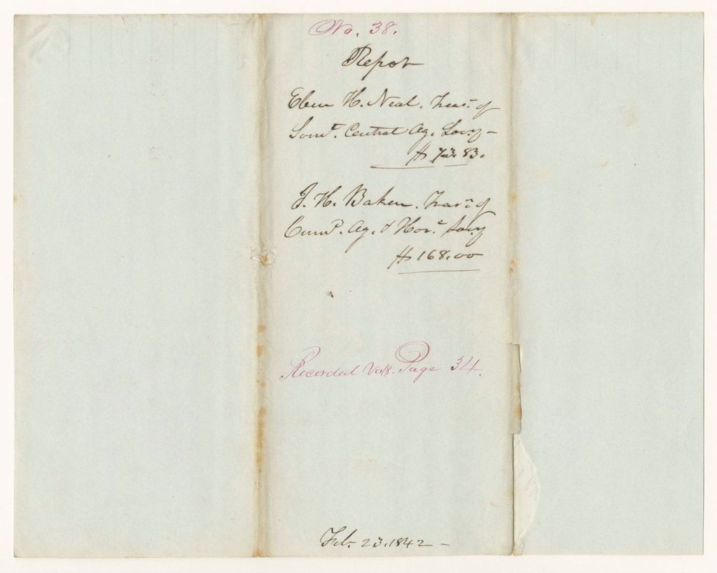 Miniature of Report 38: Report - Ebenezer H. Neal, Treasurer of Somerset Central Agricultural Society and J.H. Baker, Treasurer of Cumberland Agricultural and Horticultural Society