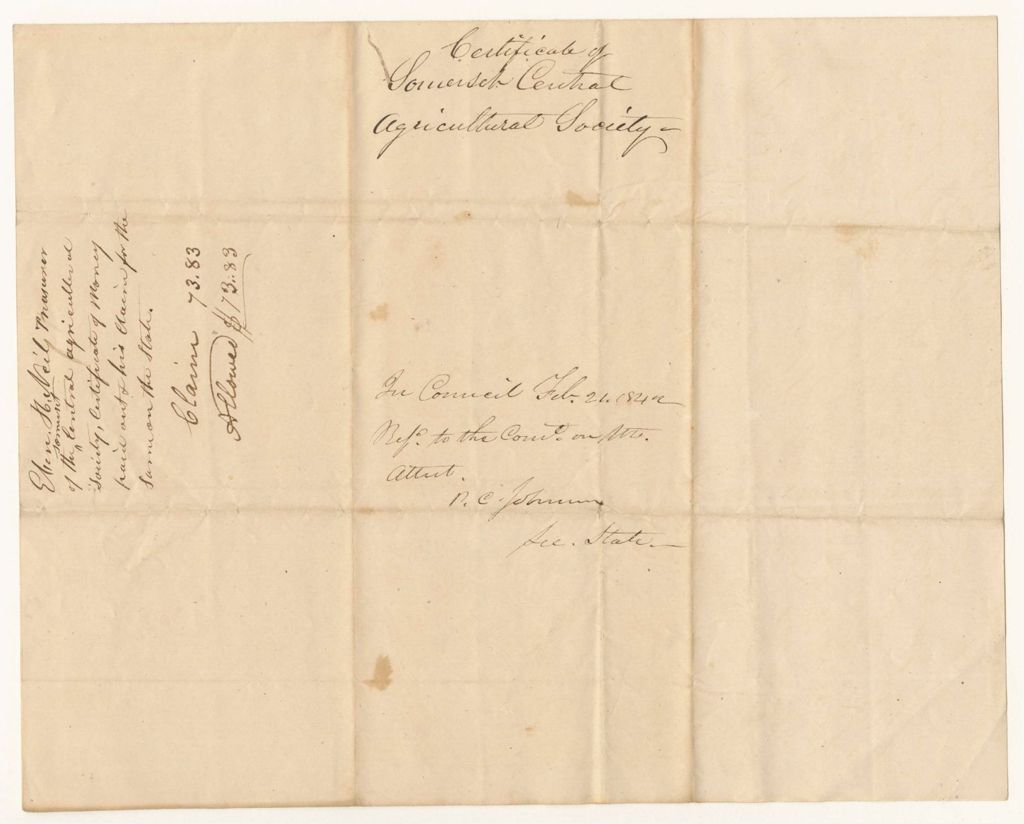 Miniature of Certificate of the Somerset Central Agricultural Society