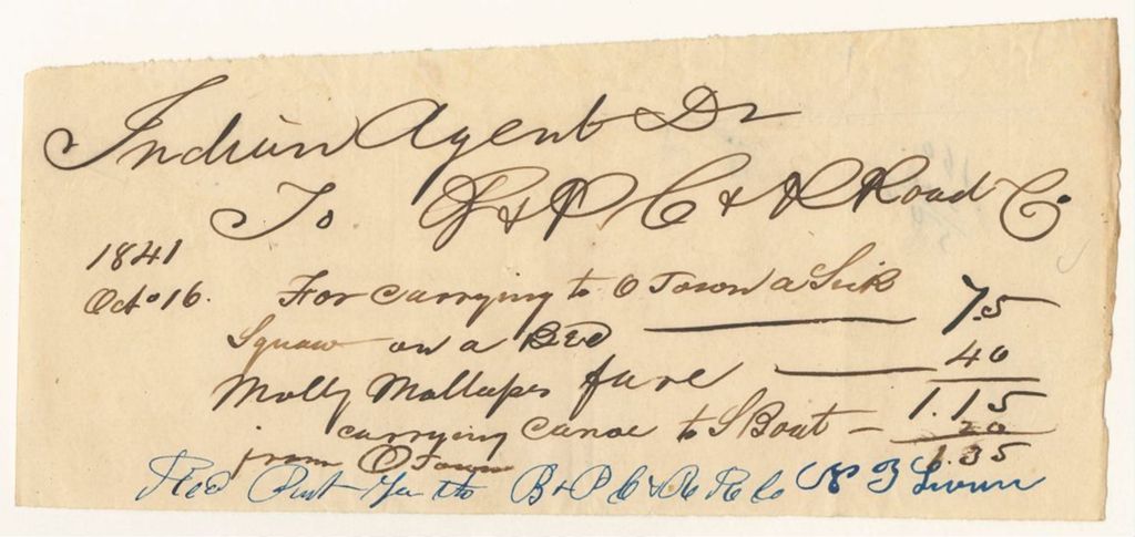 Miniature of Rufus Davenport's reciepts for expenses as Agent of the Penobscot Indians