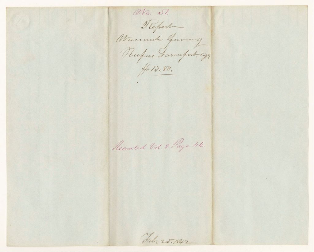 Miniature of Report 51: Report - Warrant in Favor of Rufus Davenport, Agent