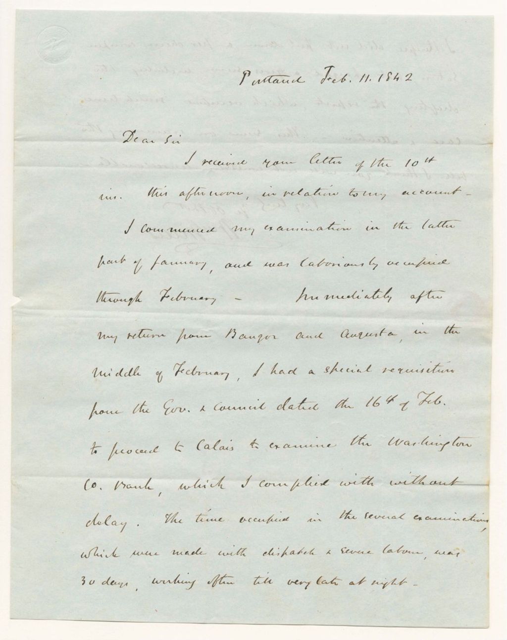 Miniature of Communication from William Willis, relating to his account as Bank Commissioner