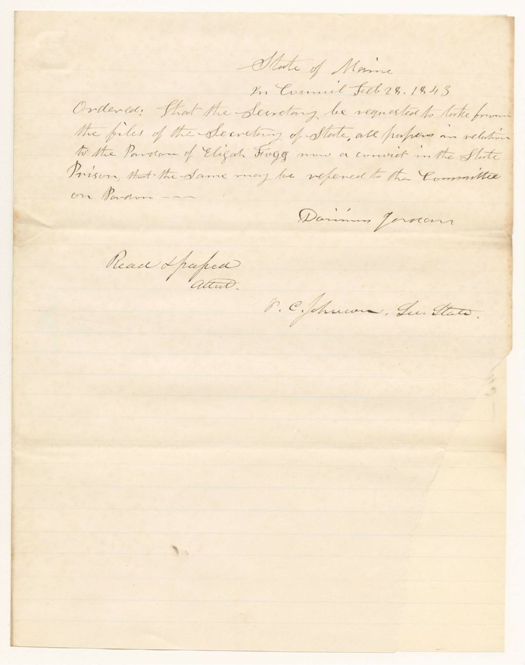 Miniature of Order that the Secretary be requested to refer papers related to the Pardon of Elijah Fogg to the Committee on Pardons