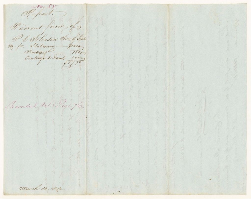 Miniature of Report 88: Report - Warrant in Favor of P.C. Johnson, Secretary of State, for Stationary, Indexes, Contingent Fund