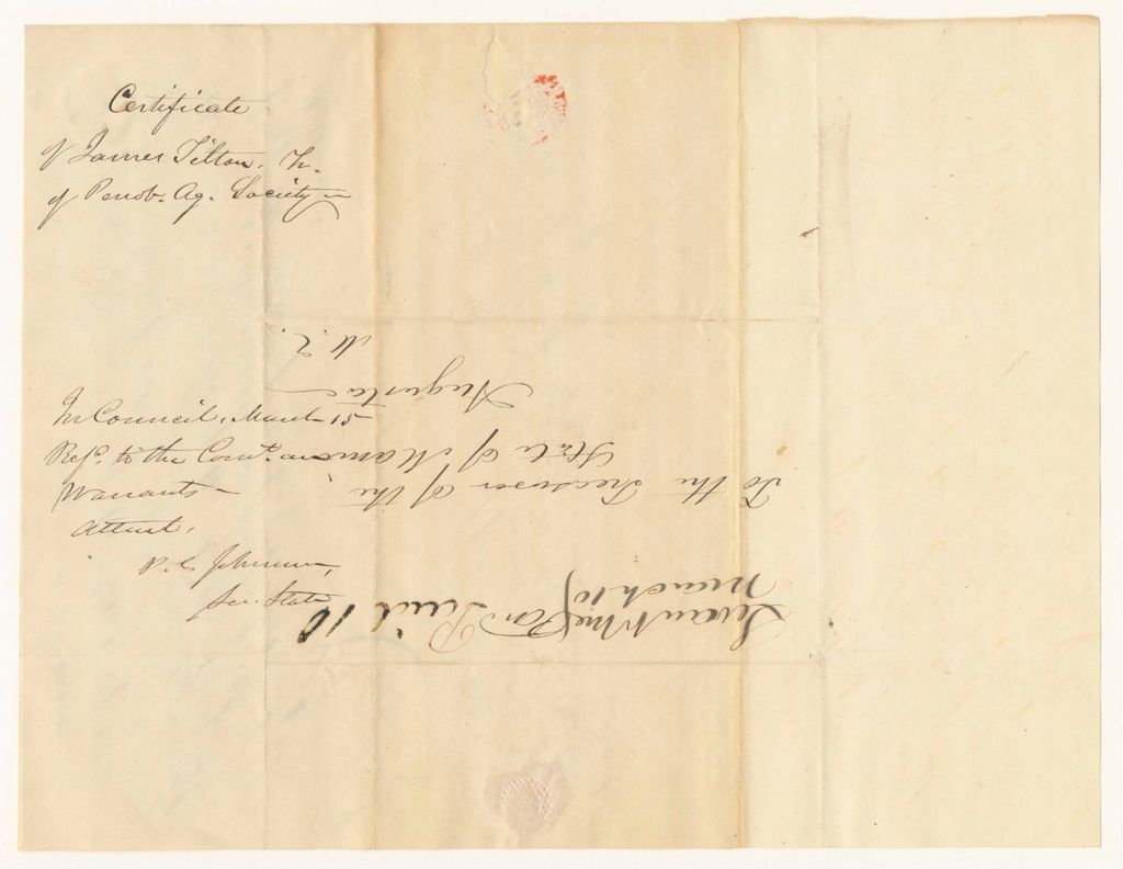 Miniature of Certificate of James Tilton, Treasurer of the Penobscot Agricultural Society