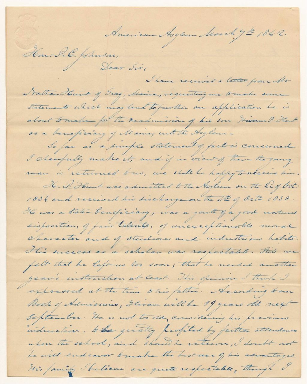 Miniature of Letter from Lewis Weld, Principal at the Hartford Asylum, in favor of the readmission of Hiram D. Hunt