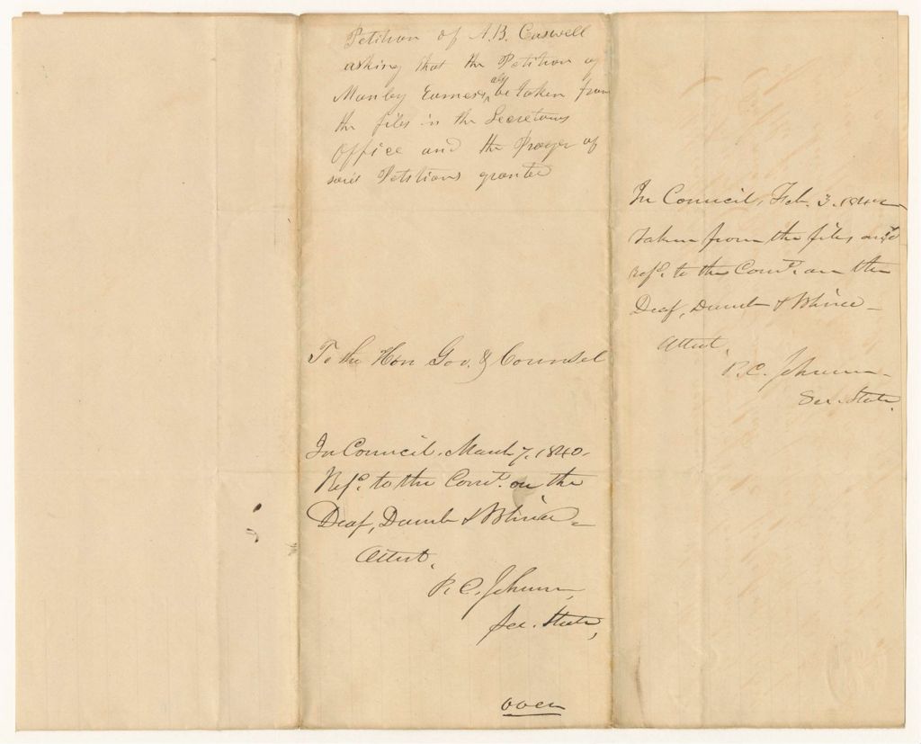 Miniature of Petition of A.B. Caswell asking that the Petition of Manly Eames and others be taken from the files in the Secretary of State's office and the prayer of their petitions granted