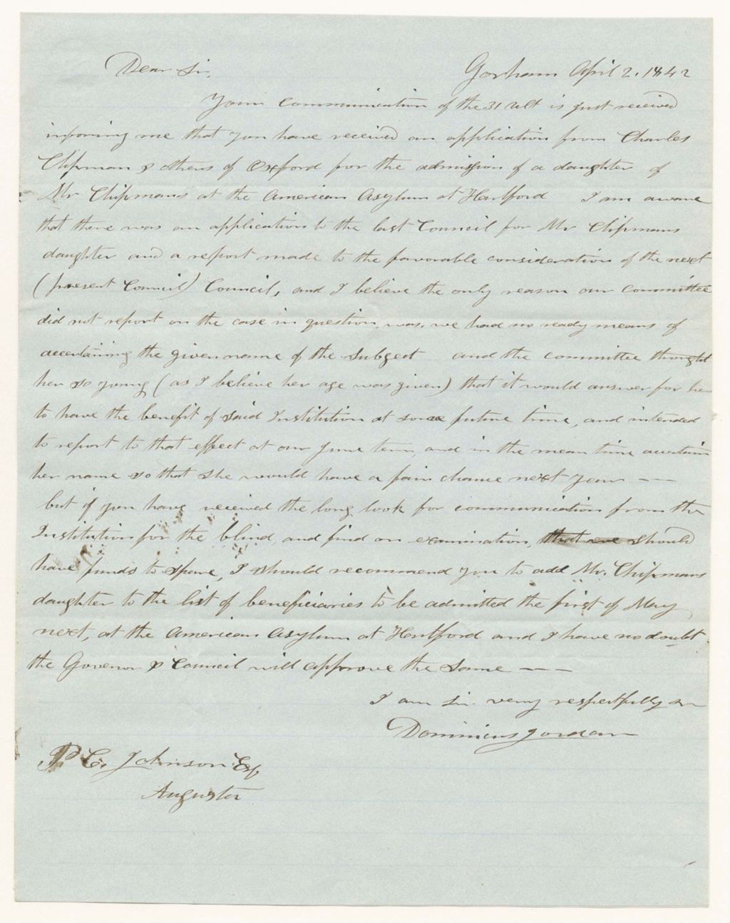 Miniature of Communication from Dominicus Jordan relating to Charles Chipman's daughter's admission to the American Asylum at Hartford