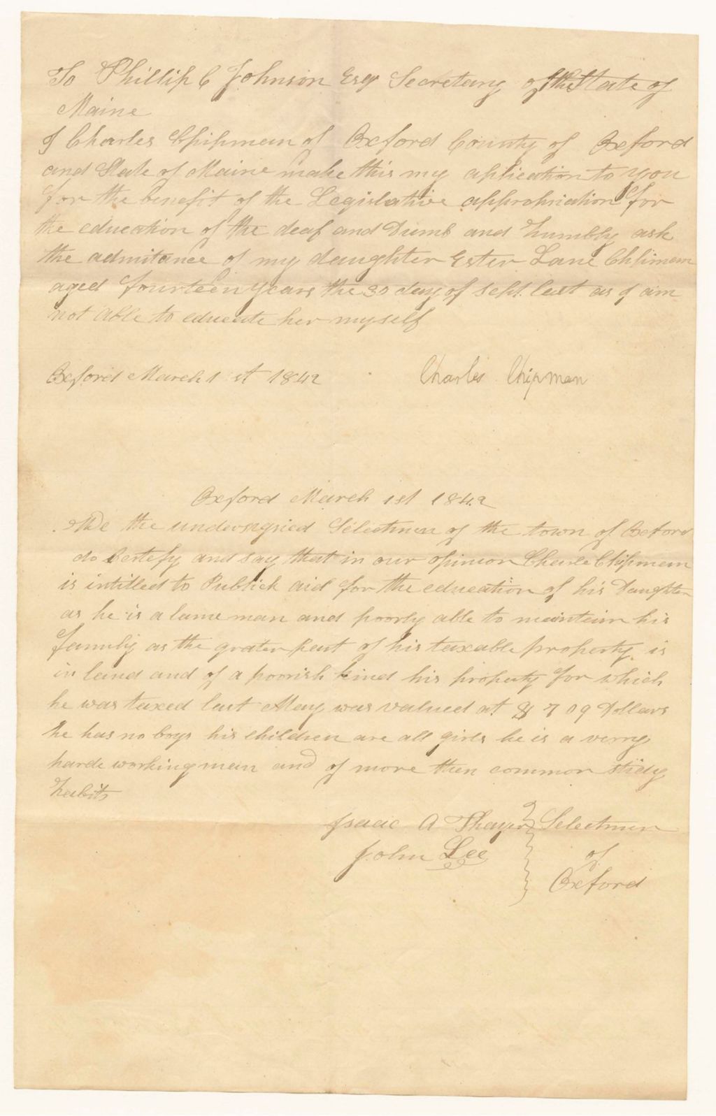 Miniature of Petition of the Selectmen of Oxford for Ester Lane Chipman to attend the American Asylum at Hartford