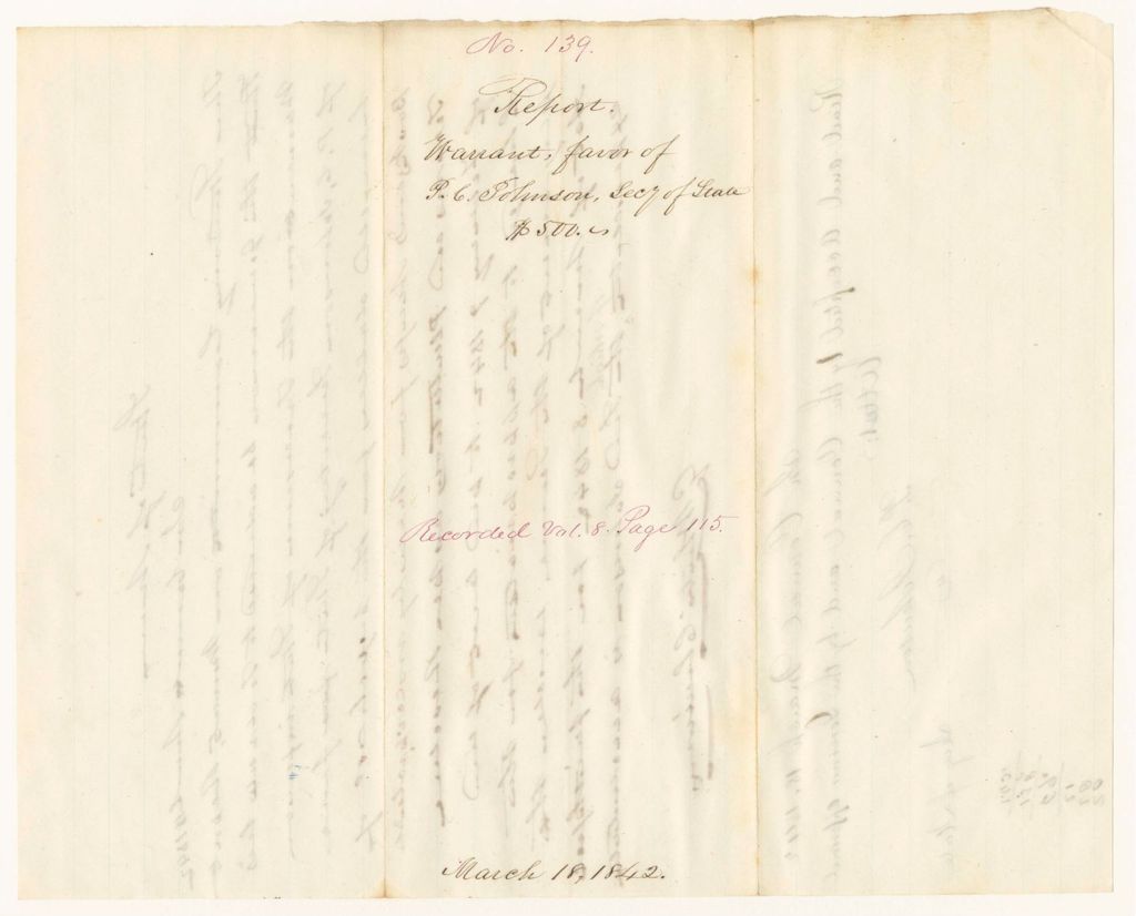 Miniature of Report 139: Report - Warrant in Favor of P.C. Johnson, Secretary of State