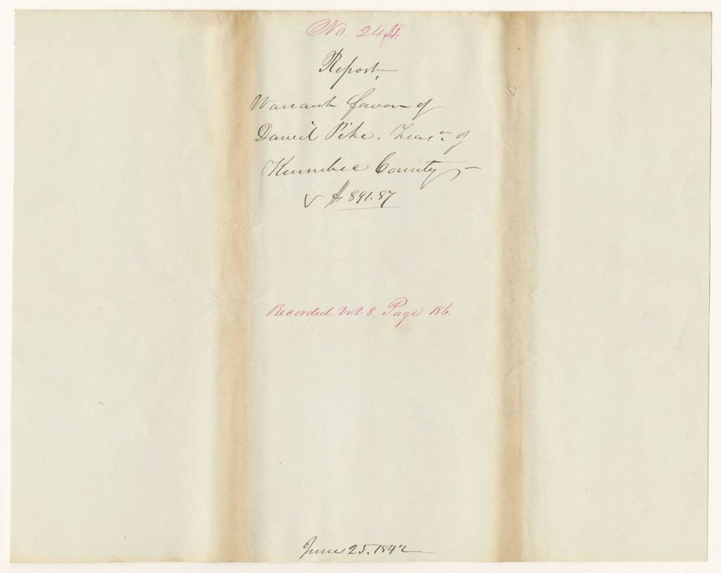 Miniature of Report 244: Report - Warrant in Favor of Daniel Pike, Treasurer of Kennebec County