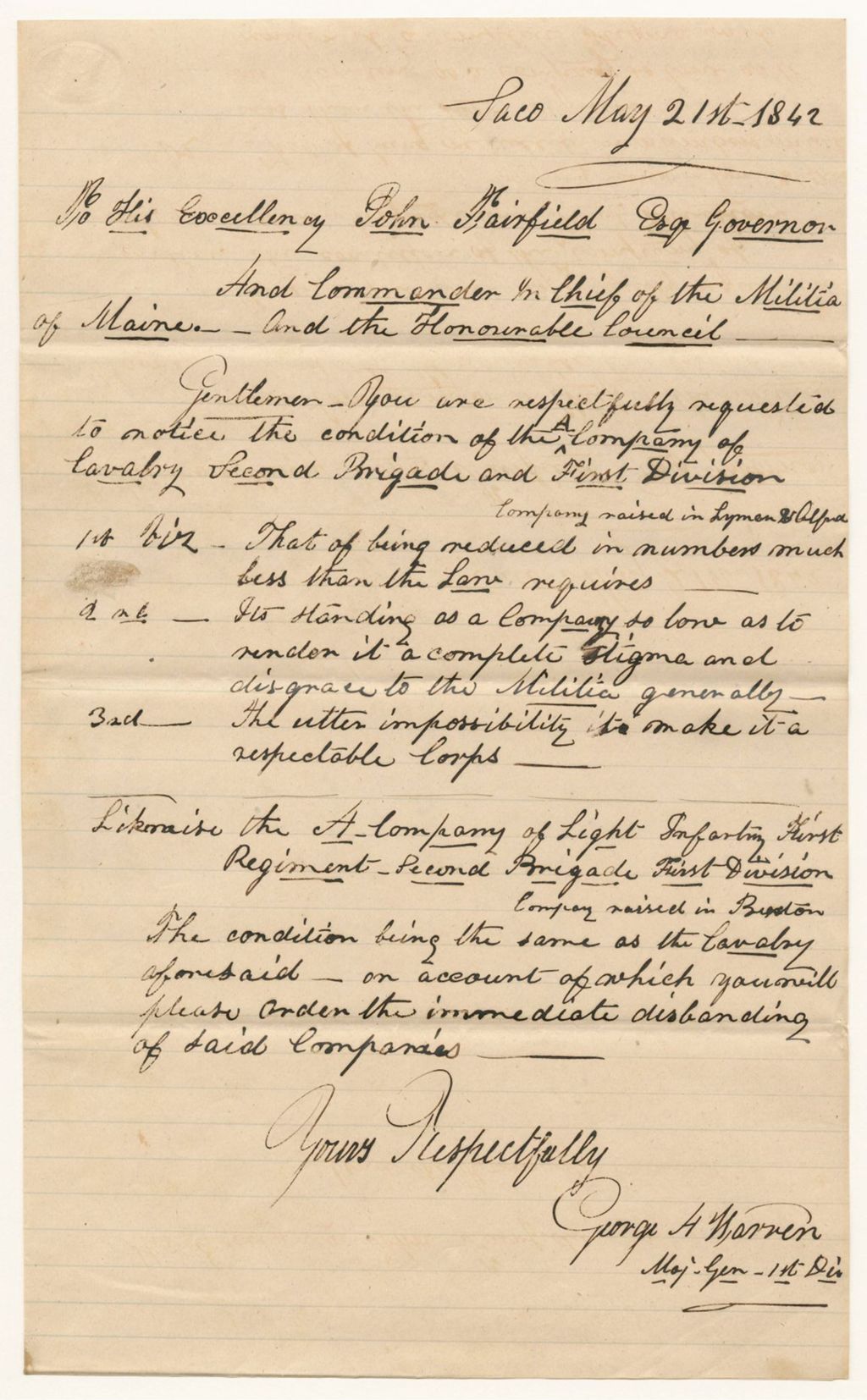 Miniature of Maj. Gen. George A. Warren's representation in favor of disbanding the "A" Company of Cavalry in the 2nd Brigade, 1st Division, and the "A" Company of Light Infantry in the 1st Regiment, 2nd Brigade, 1st Division