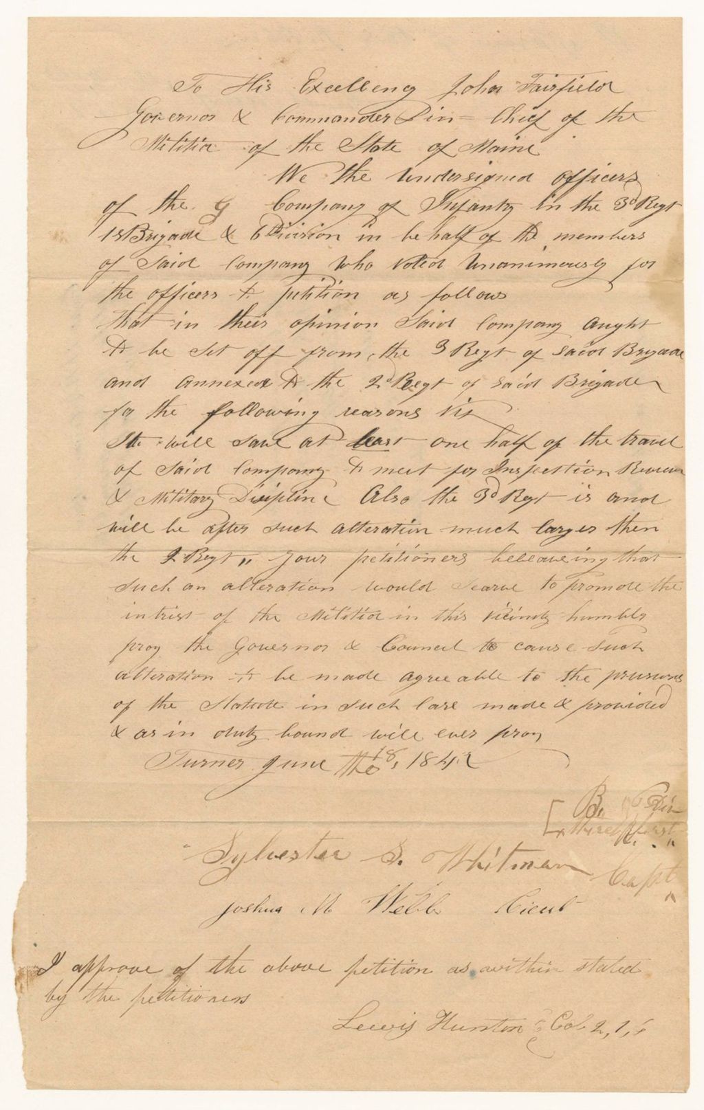 Miniature of Captain S.S. Whitman and others' petition for transferring the G Company of Infantry from the 3rd Regiment, 1st Brigade, 6th Division to the 2nd Regiment