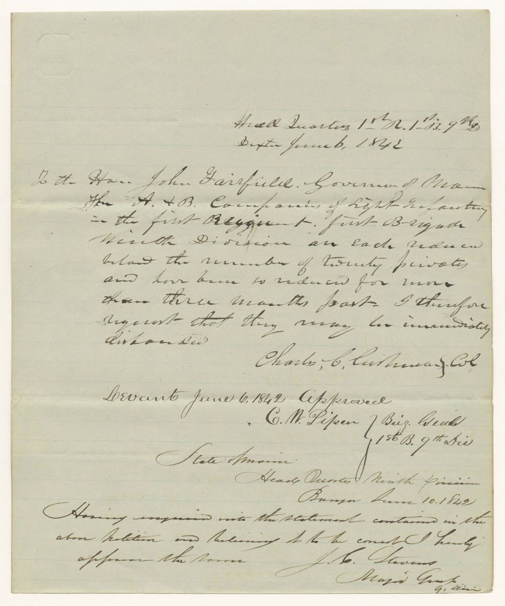 Miniature of Col. Cushman's Representation of the A & B Companies of Light Infantry in the 1st Regiment, 1st Brigade, 9th Division, wishing them disbanded