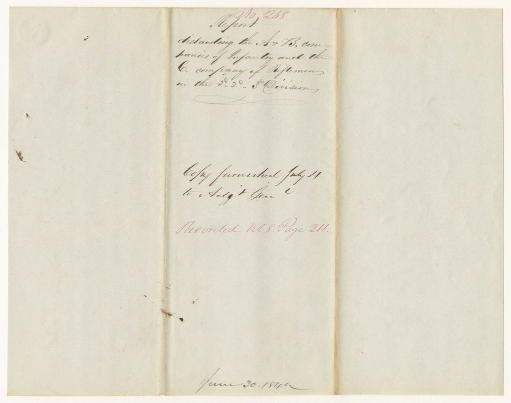 Miniature of Report 268: Report Disbanding the "A" and "B" Companies of Infantry and the "C" Company of Riflemen in the 3rd Regiment, 2nd Brigade, 3rd Division