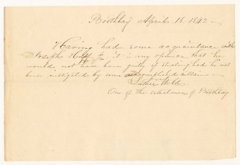 Miniature of Certificate of Luther Weld, one of the Selectmen of Boothbay, for the pardon of Joseph Huff Jr.