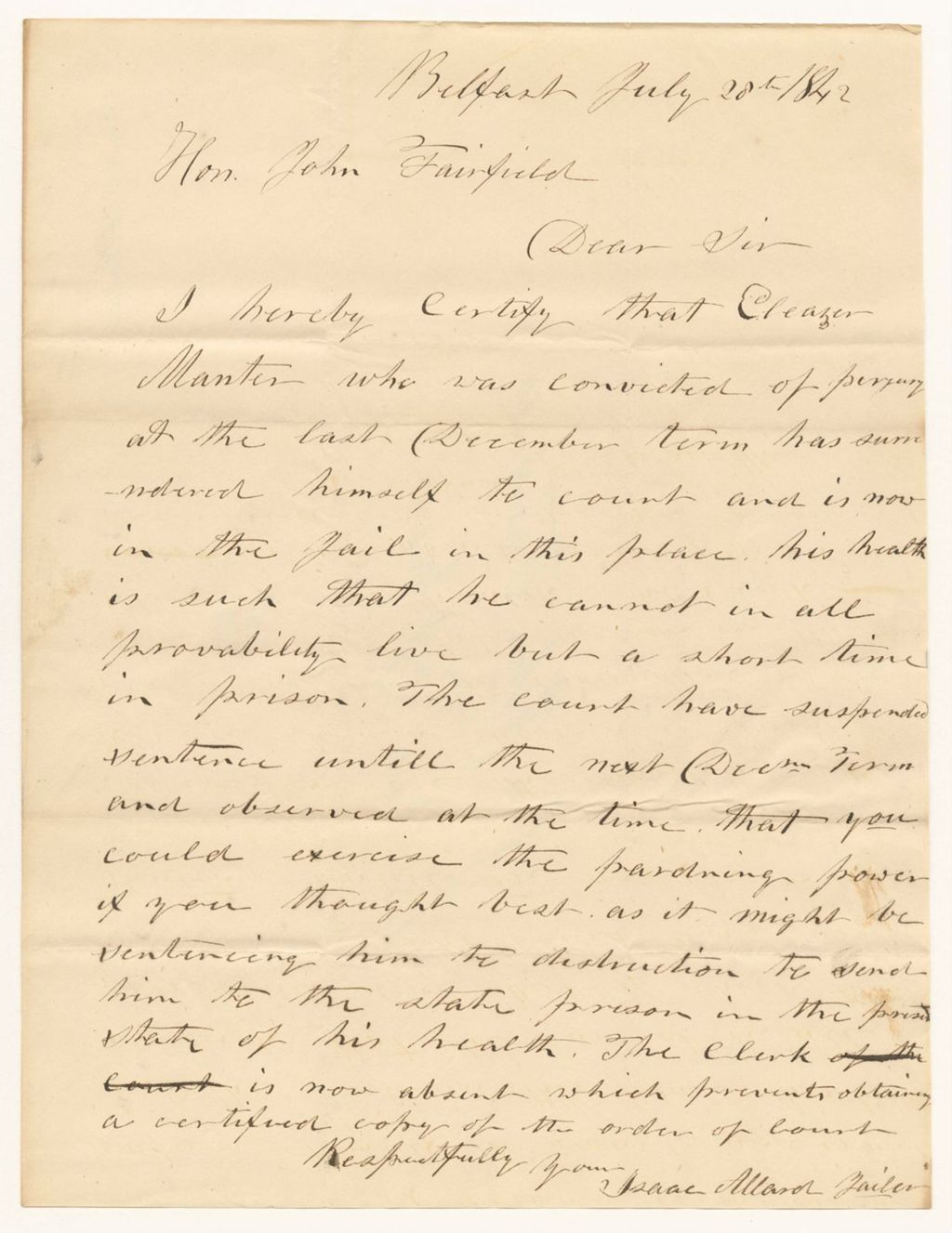 Miniature of Certificate of Isaac Allard, Jailer, on the conduct of Eleazor Manter in jail
