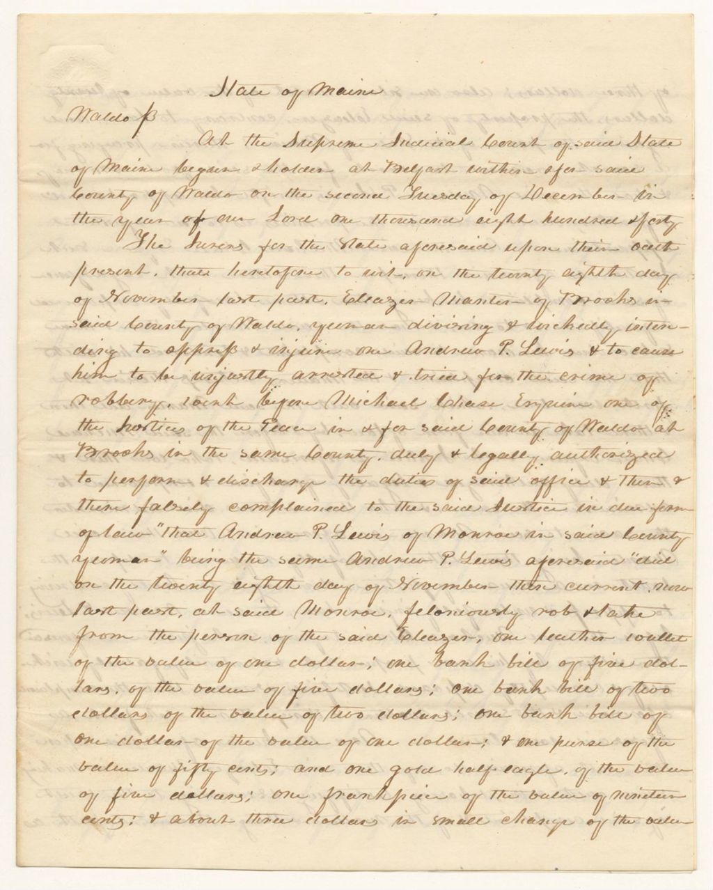 Miniature of State v. Eleazor Manter, Copy of Indictment