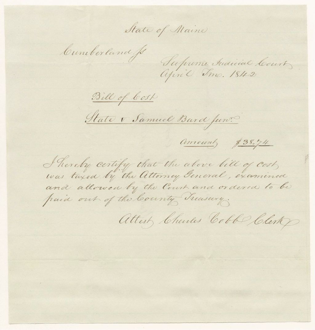 Miniature of Bill of Costs in State v. Samuel Bard, Jr.