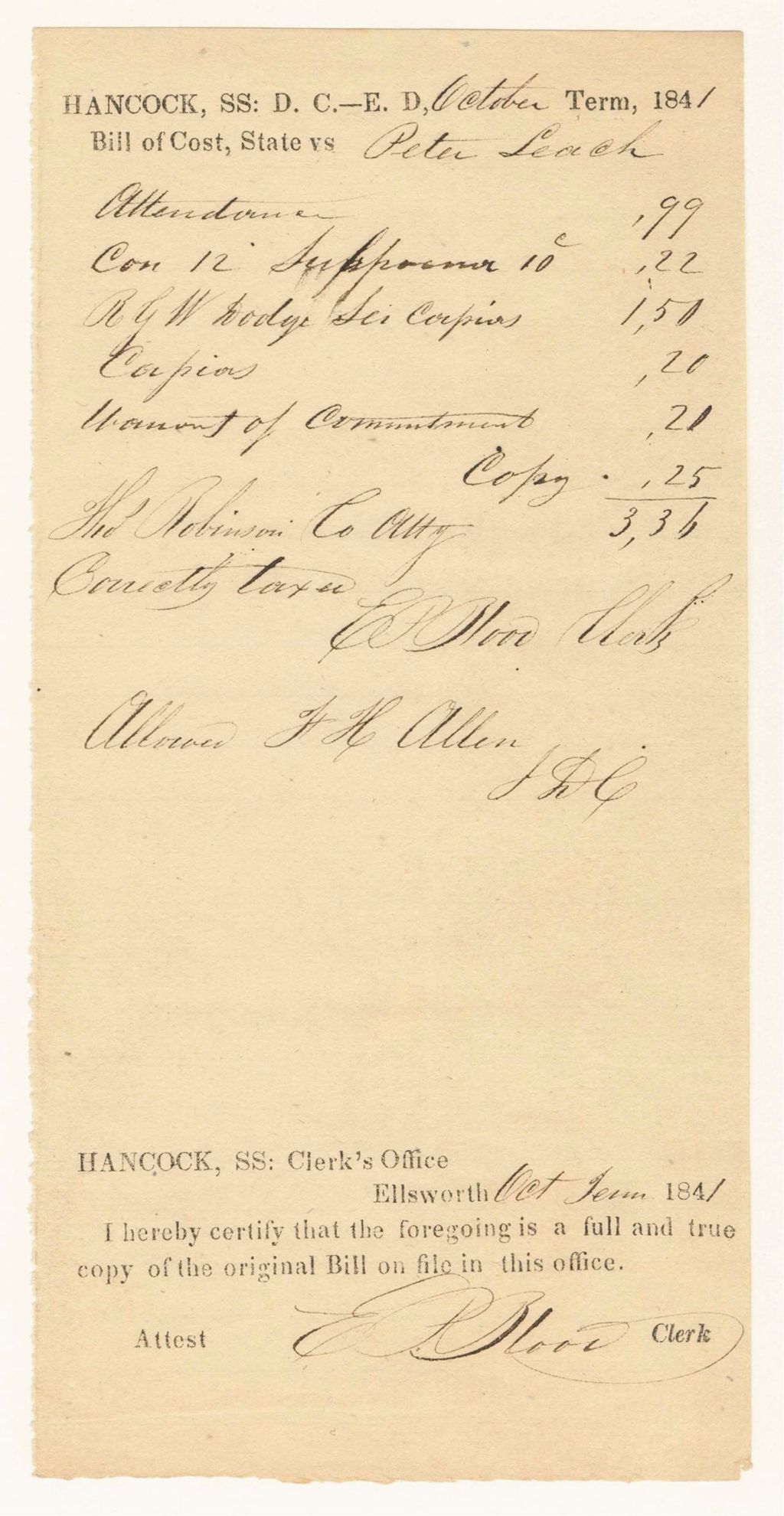 Miniature of Bills of Cost at the District Court for the Eastern District in Hancock County, October Term 1841