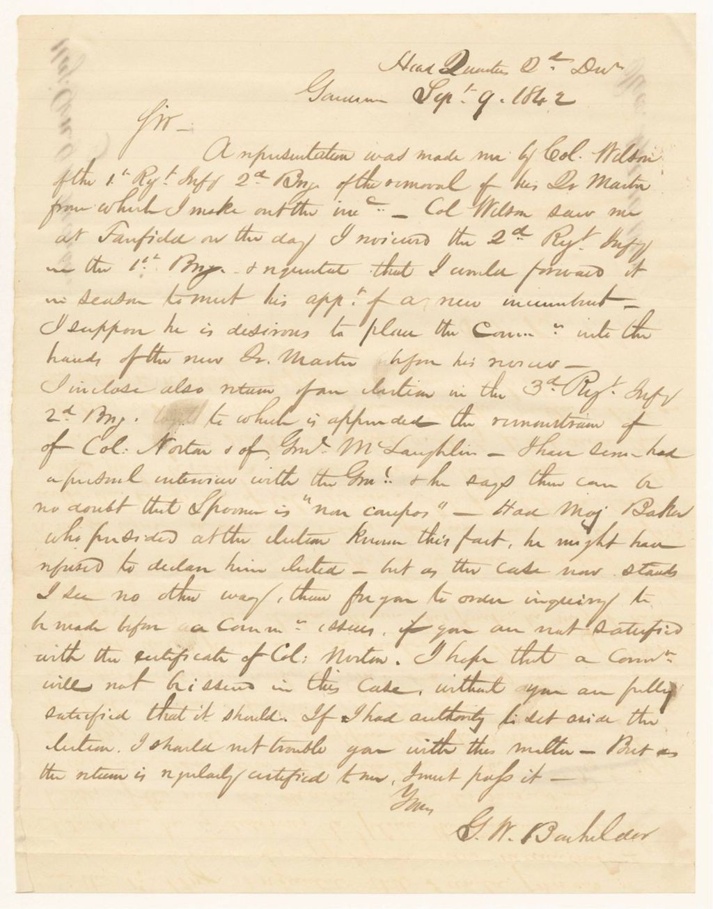 Miniature of Communication from G.W. Bachelder related to the election of the Second Division of the Maine Militia