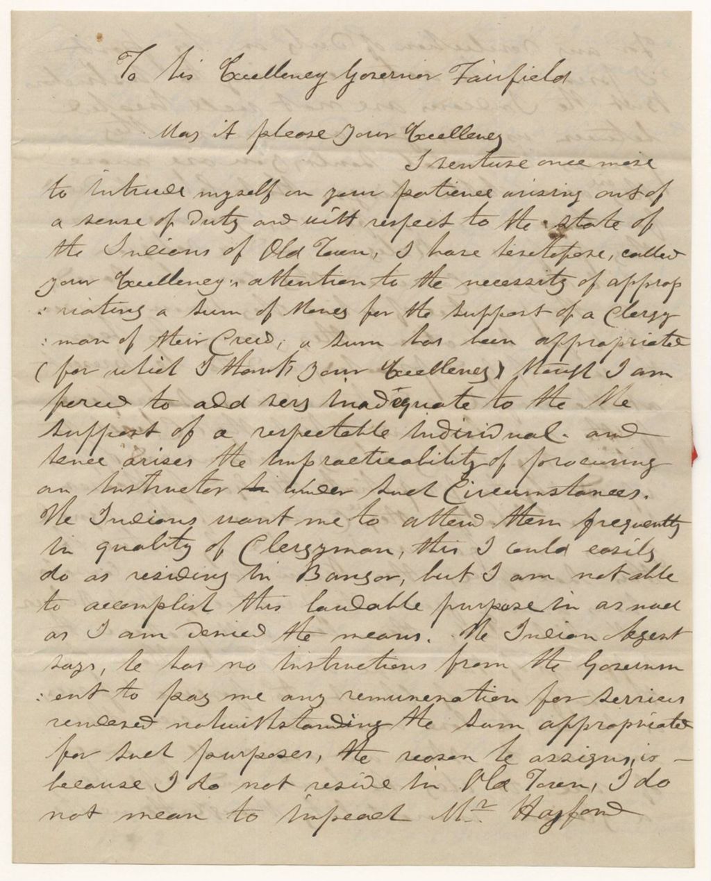 Miniature of Communication from Thomas O'Sullivan, a Catholic Priest, asking for an appropriation from the Penobscot Fund for his services as priest