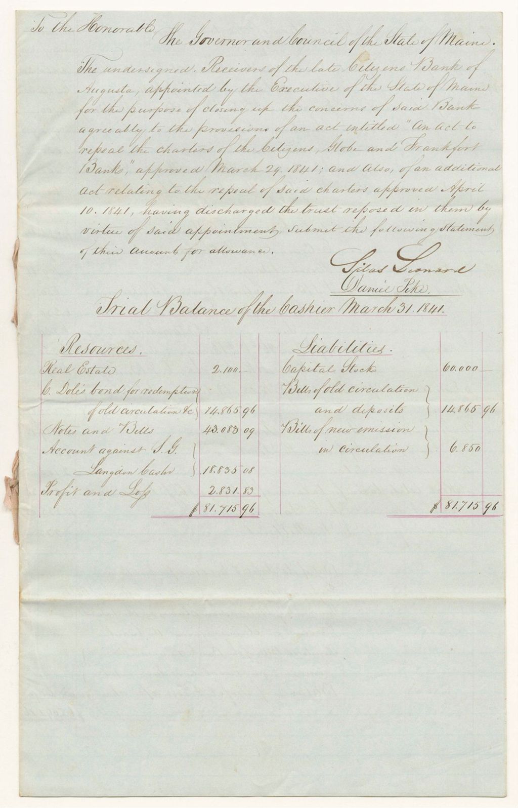 Miniature of Account of Silas Leonard and Daniel Pike, Receiver of the Citizens Bank of Augusta