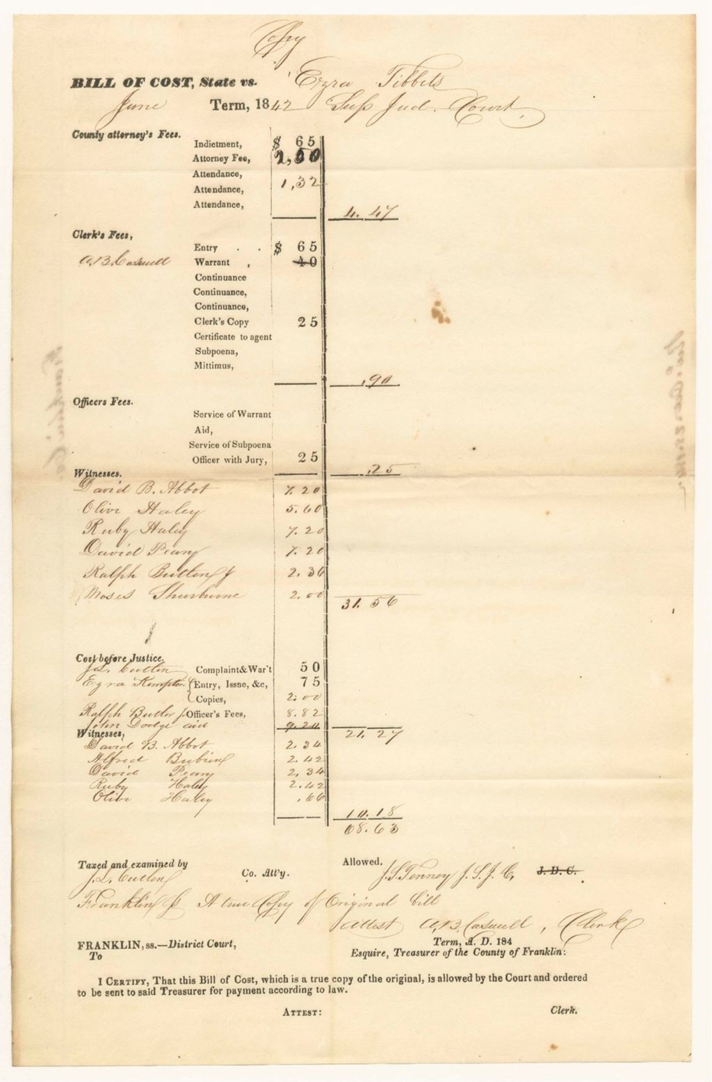 Miniature of Bill of Costs in State v. Ezra Tibbets