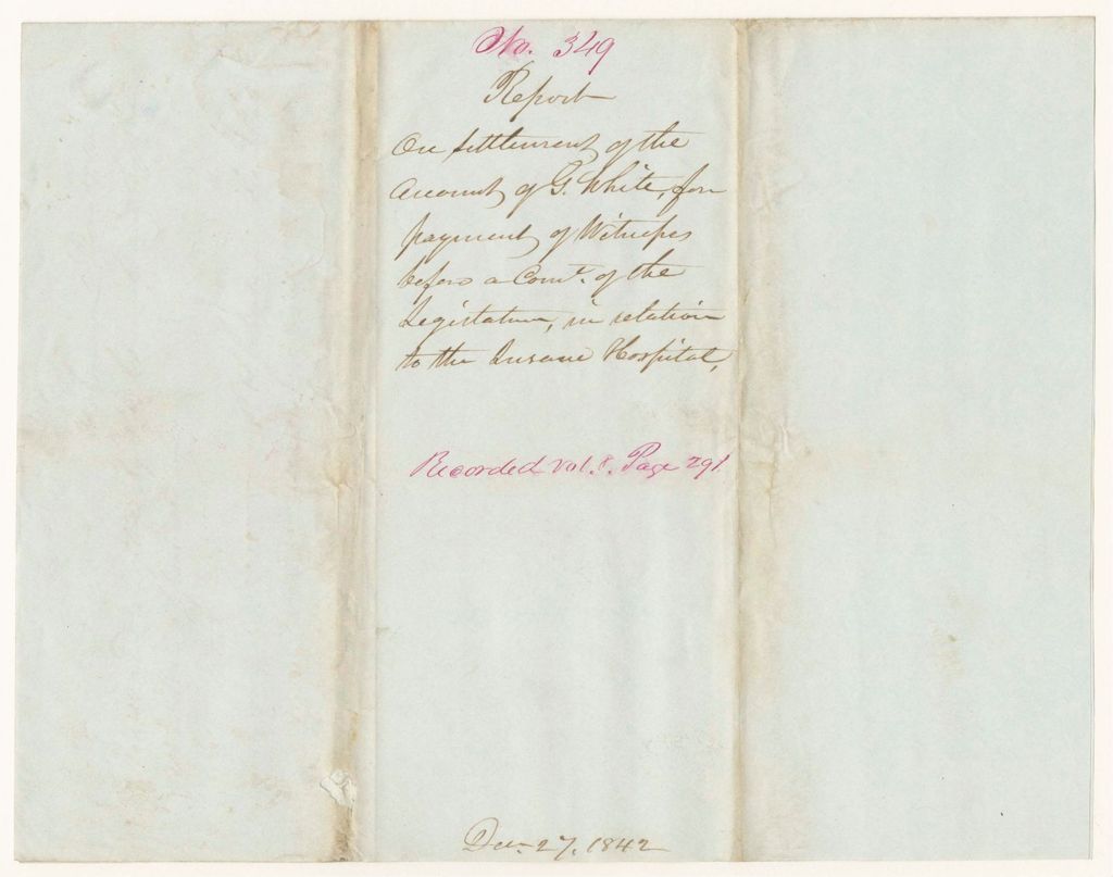 Miniature of Report 349: Report on Settlement of the Account of G. White for Payment of Witnesses before a Committee of the Legislature in Relation to the Insane Hospital