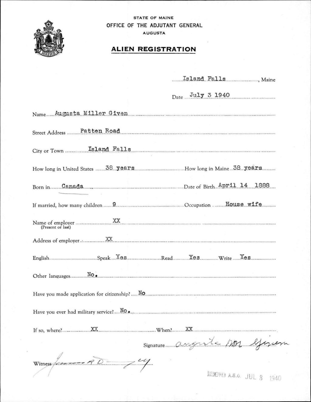Miniature of Alien Registration- Miller, Augusta (Island Falls, Aroostook County)