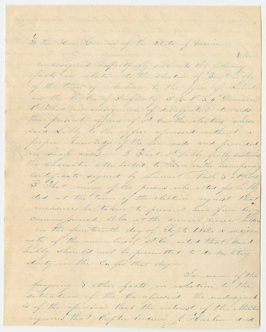 Miniature of Communication from James Hersey the 3rd, in relation to the election of Benjamin Libby to the office of Lieut. of the "C" Company of Infantry in the 3rd Regiment, 1st Brigade, 6th Division