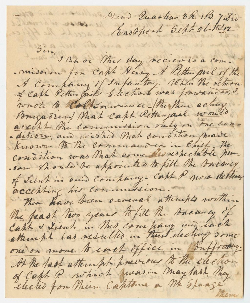 Miniature of Communication from H.S. Favor, Col. of the 3rd Regiment 1st Brigade 7th Division, relating to the election of Samuel Lamprey