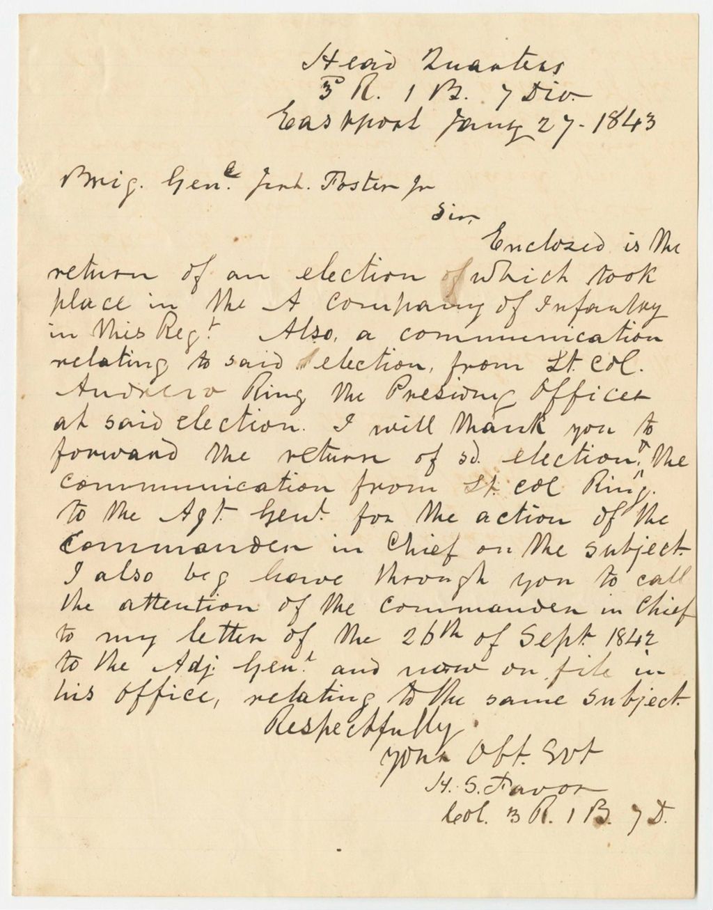 Miniature of Communication from H.S. Favor, relating to the election of the Seventh Division of the Maine Militia
