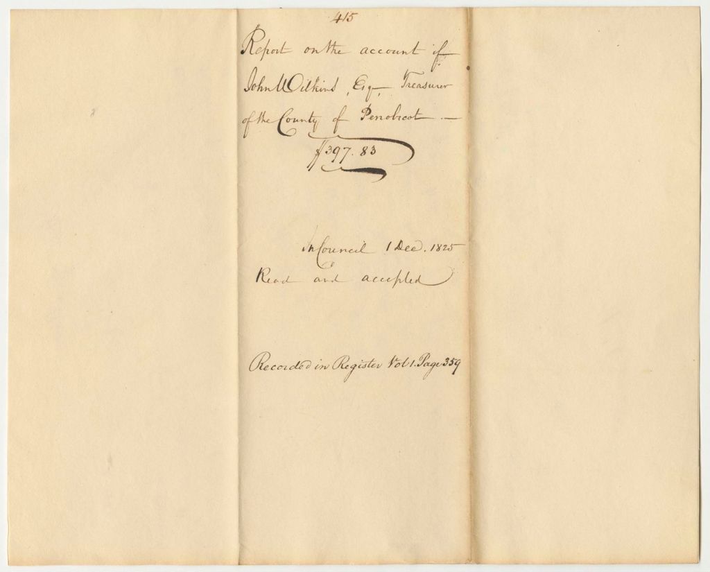 Miniature of Report 415: Report on the Account of John Wilkins, Esq., Treasurer of Penobscot County