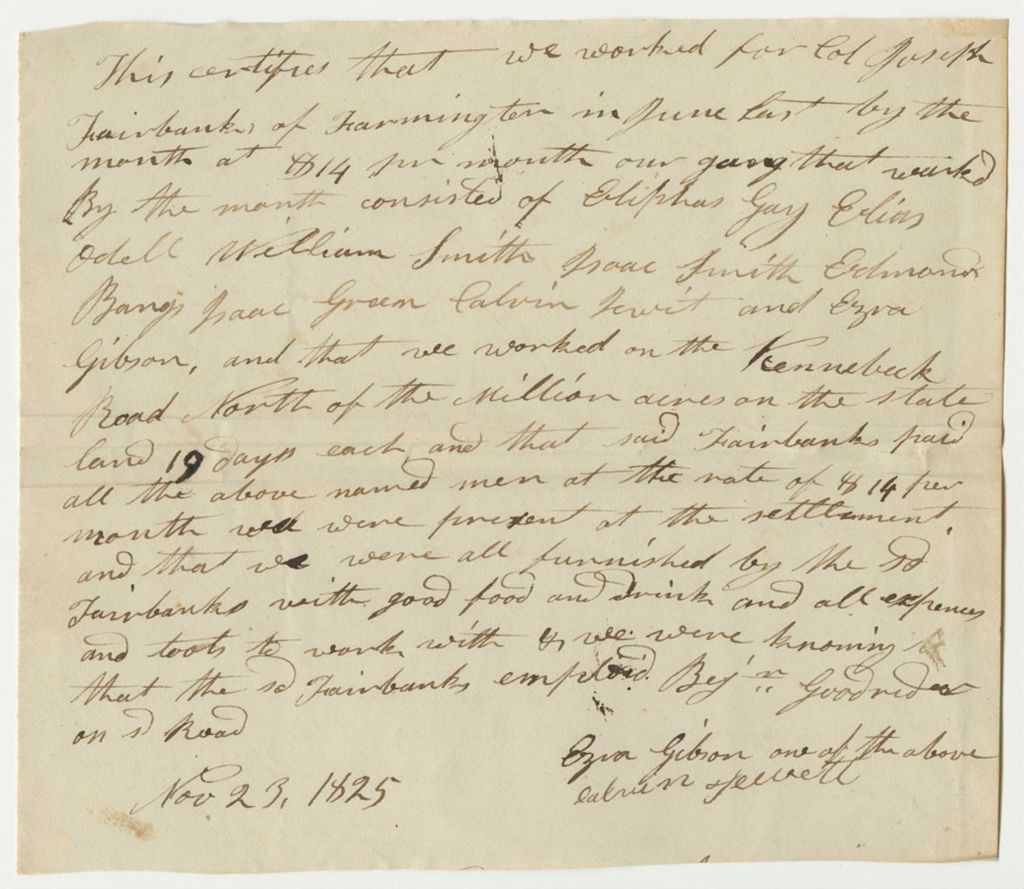 Miniature of Certification of Ezra Gibson's Work for Joseph Fairbanks