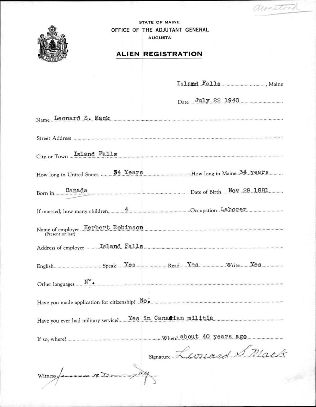 Miniature of Alien Registration- Mack, Leonard S. (Island Falls, Aroostook County)