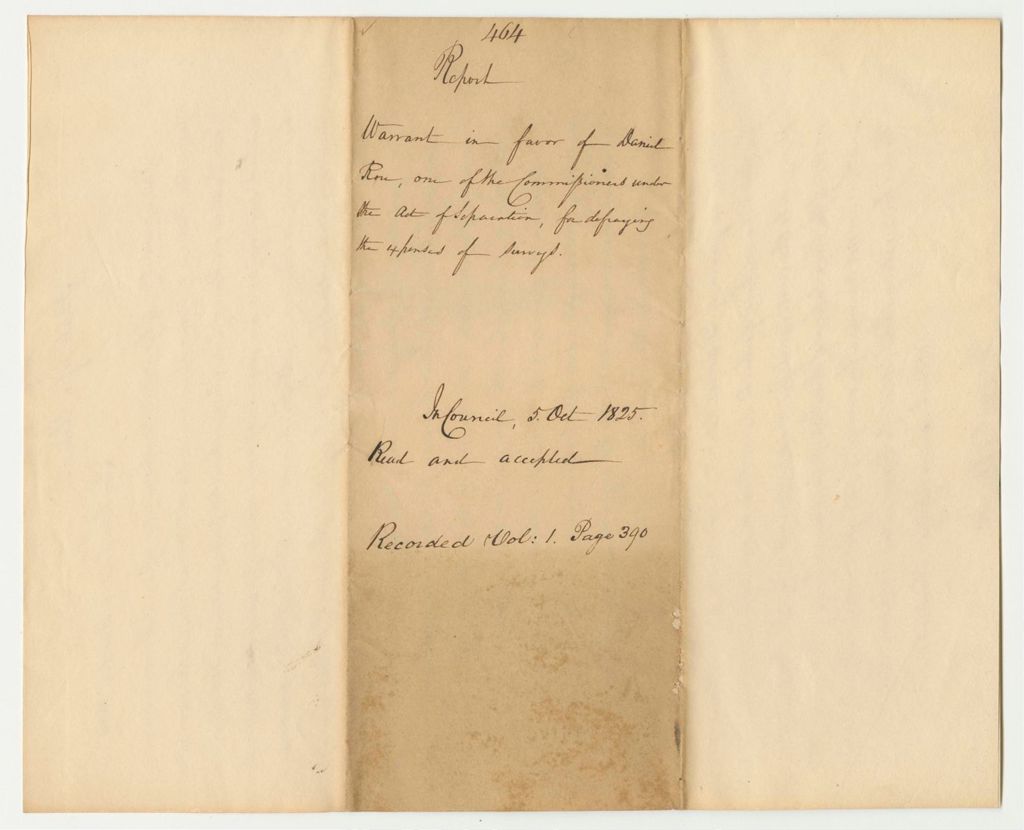 Miniature of Report 464: Report on the Warrant in Favor of Daniel Rose, One of the Commissioners Under the Act of Separation, for Defraying the Expenses of Surveys