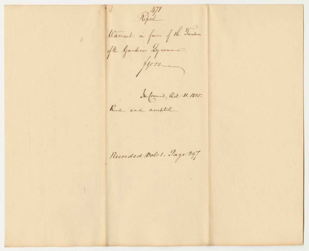 Miniature of Report 471: Report on the Warrant in Favor of Treasurer of the Gardiner Lyceum