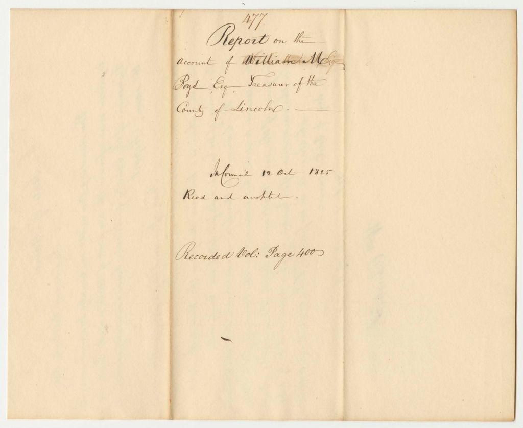 Miniature of Report 477: Report on the Account of William M. Boyd, Esq., Treasuer of the County of Lincoln