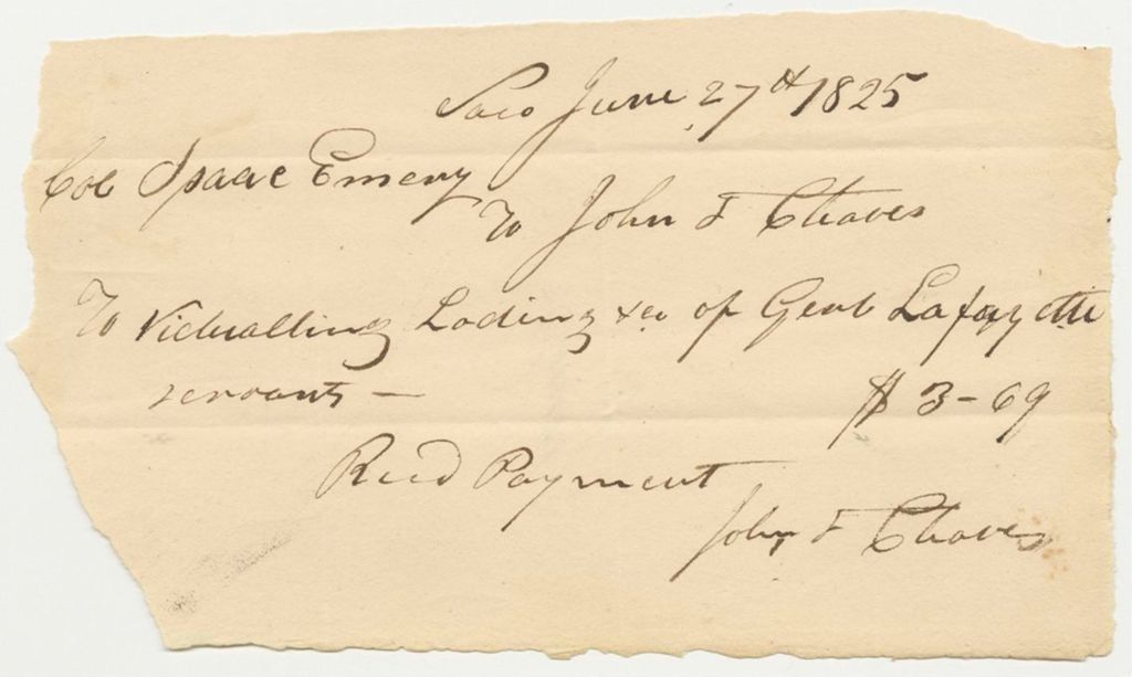 Miniature of Bill No. 3 from Issac Emery to John J. Chaves for Expenses Related to the Visit of General Lafayette